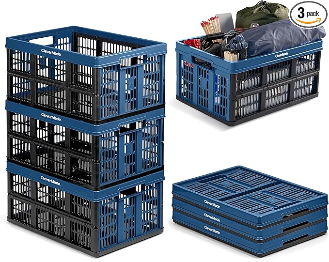 CleverMade Collapsible Utility Crates, 45L, 3 Pack, Ocean | Interlocking crates stack open or folded and carry 66 lb each. Side handles make groceries, tools, and gear easier to move.