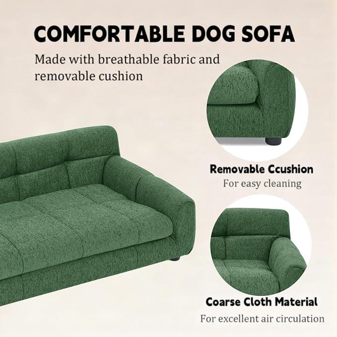38" Dog Sofa Couch Bed for Small, Medium, Large Dogs, Soft Memory Foam Pet Sofa with Durable Linen Fabric, Comfortable Pet Couch with Backrest and Armrests, Easy to Clean and Maintain（Green）