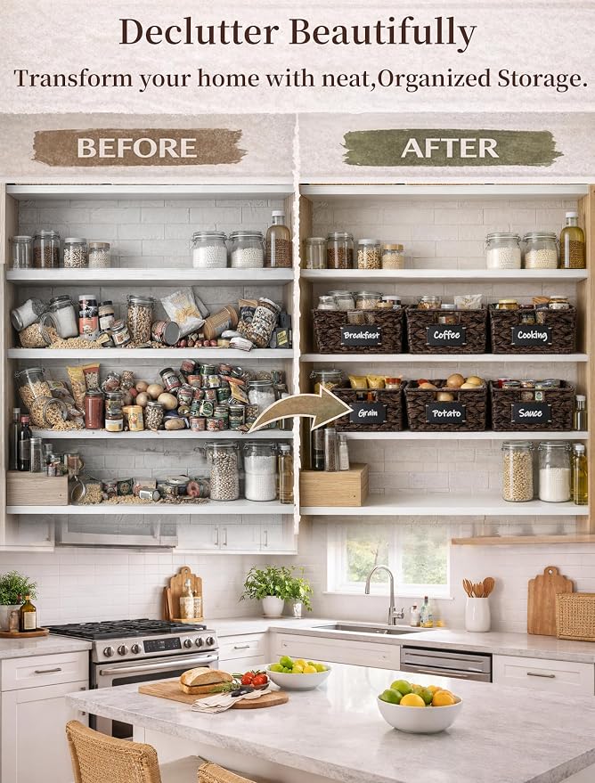 Pantry Baskets, 3 Pack Wicker Storage Baskets for Shelves, Brown | Water Hyacinth Baskets for Organizing, 3-Size Pantry Bins with Chalkboard and Marker for Shelf, Snack, Kitchen, Bathroom