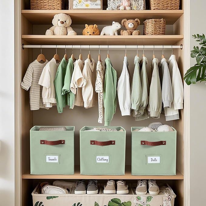 DECOMOMO Storage Bins, Cube Storage Bin with Labels | 10.5" x 11" Fabric Storage Cubes for Shelves (2pcs, Sage Green)