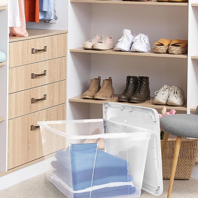 HOMZ Snaplock Clear Plastic Bin 56 Quart/14 Gallon | Storage Tote with Secure Lid | for Home, Office, Garage, Dorm Room Organizer | Stackable & Nestable | White Lid, Pack of 2