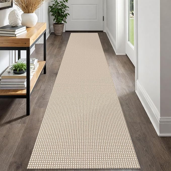 IOHOUZE Washable Runner Rug 2x12 Non Slip Rubber Backed Extra Long Hallway Runner Entryway Runner Indoor, Kitchen Rugs Woven Cotton Floor Carpet for Hall Entrance, Cream/Beige