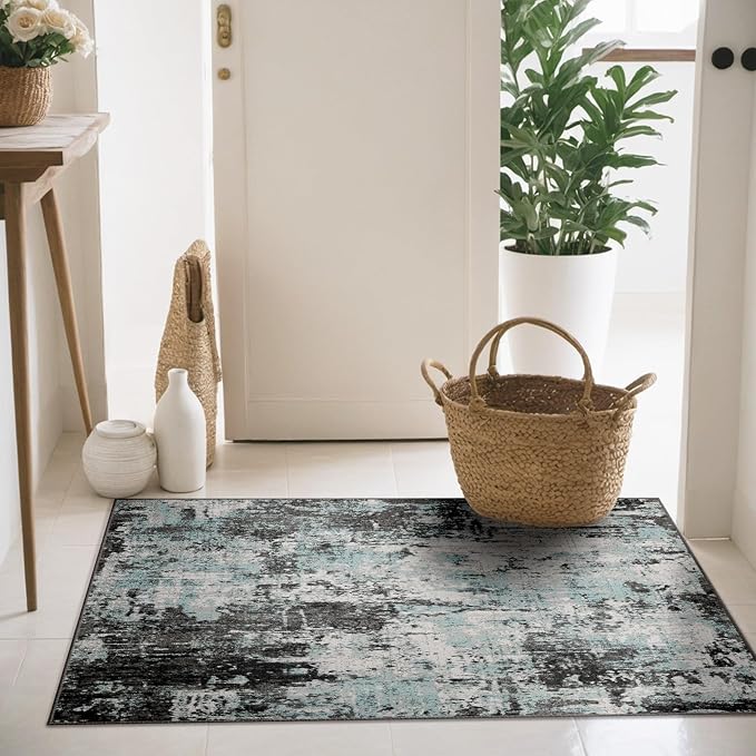 Washable Area Rugs 2'x3' Non-Slip Modern Abstract Soft for Living Room Entryway Bedroom Nursery, Print Pattern, Blue Black Teal