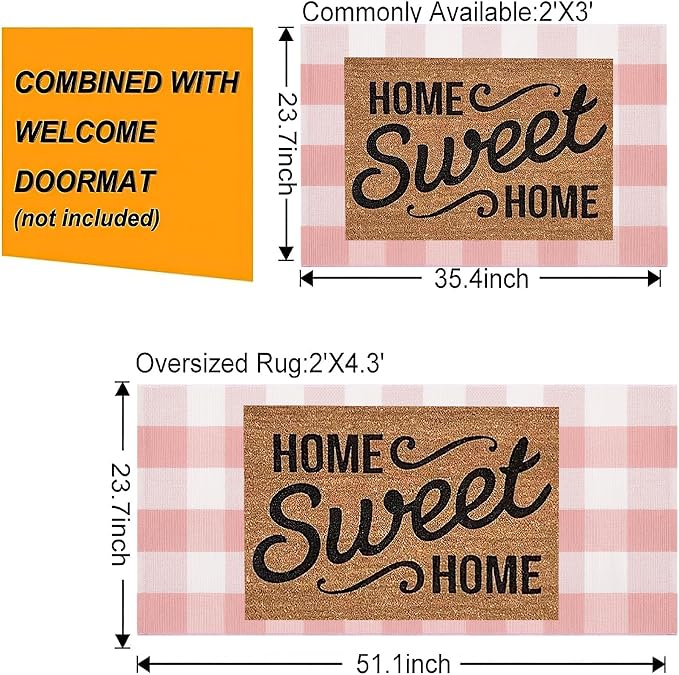 Pink and White Buffalo Outdoor Rug 24''x51''Checkered Plaid Front Porch Rug Cotton Woven Machine Washable Door Mat Outdoor for Layered Doormat Hello Welcome Door Mat Kitchen Farmhouse Entryway