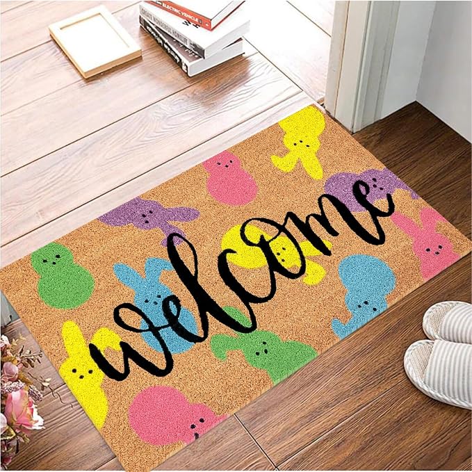 JarThenaAMCS Easter Natural Coir Doormat Colorful Bunny Rabbit Floor Mat Non-Slip Entrance Door Rugs for Indoor Outdoor Home Bathroom Decor, 16.5 x 29 Inch