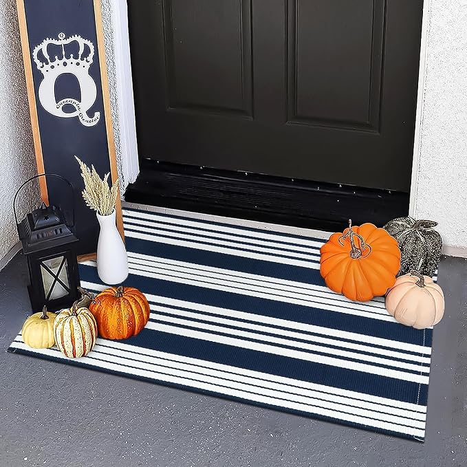 OJIA Front Door Mats Outdoor Welcome Mat 2'x3' Striped Rugs Porch Decor | Washable Cotton Woven Indoor Outdoor Rugs Farmhouse Small Area Rug Layered Doormat for Entryway/Kitchen/Entrance/Patio Decor