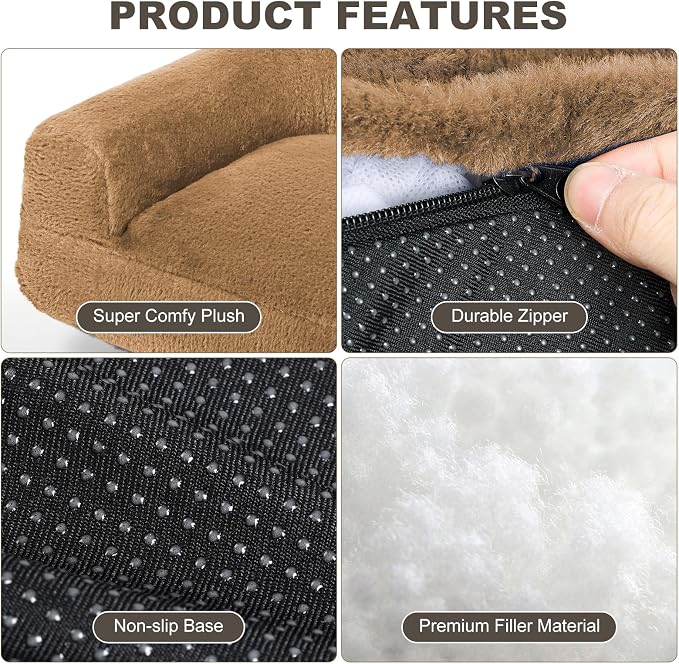 FAMIDGE Plush Cat Couch Bed - Cat Bed for Indoor Cats, Dog Sofa Bed, Short Rabbit Fleece Calming Pet Couch with Removable Cover, Anti-Shedding Pet Sofa for Small/Medium Pets (26×18×12in, Brown)