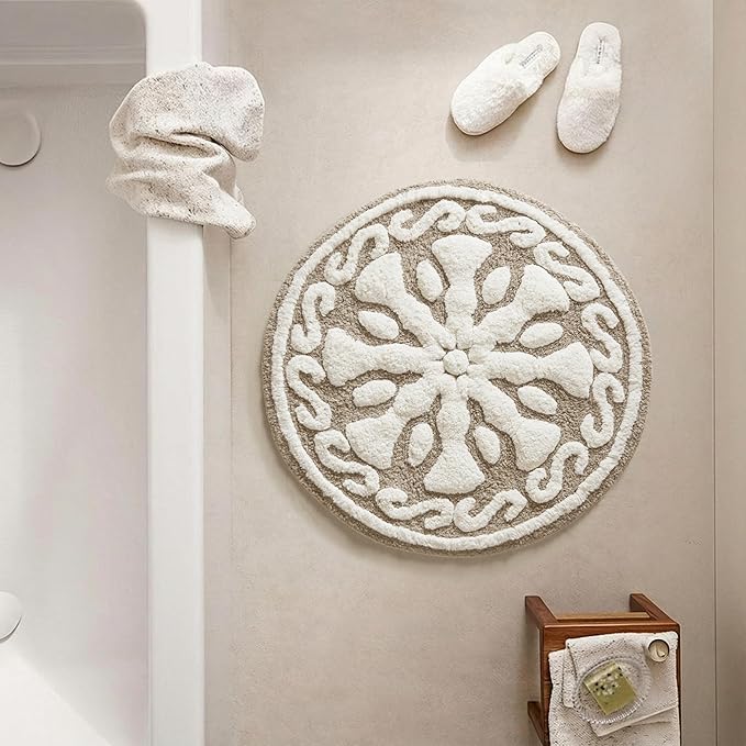 Madison Park Casablanca Tufted Cotton Bath Rug Non-Slip, Round 25", Taupe | Luxurious Plush Bath Mat, Quick Dry, Soft, Machine Washable, Floral Pattern, Absorbent, Plush, OEKO-TEX, for Bathroom