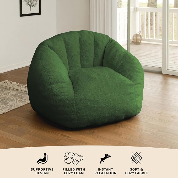 Big Joe Cloudberry Bean Bag Chair, Foam-Filled Structured Seat, Teddy Boucle, Matcha Green, Adults
