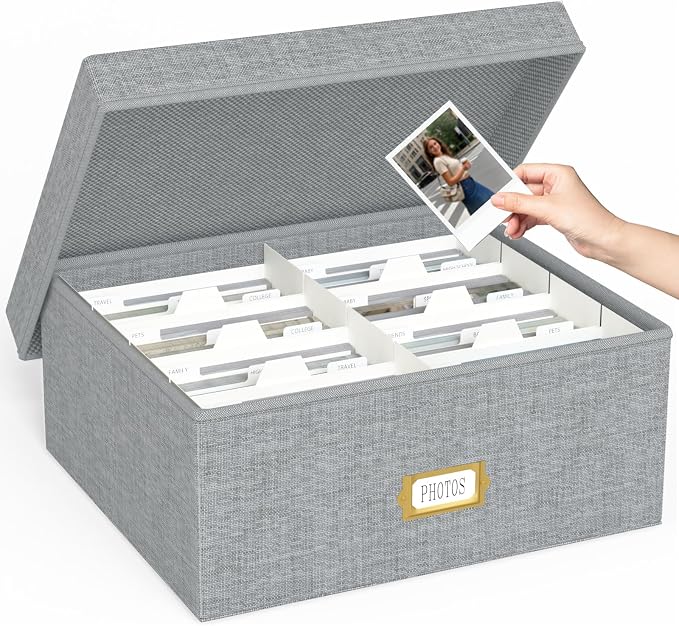 Decorative Photo Storage Box, Linen Photo Box Holds 1700 4x6 Pictures Grey | Photo Storage Containers with 8 Dividers, Memory Keepsake Organizer for Photos, Scrapbook Supplies, Cards, Stamps,Archive Box