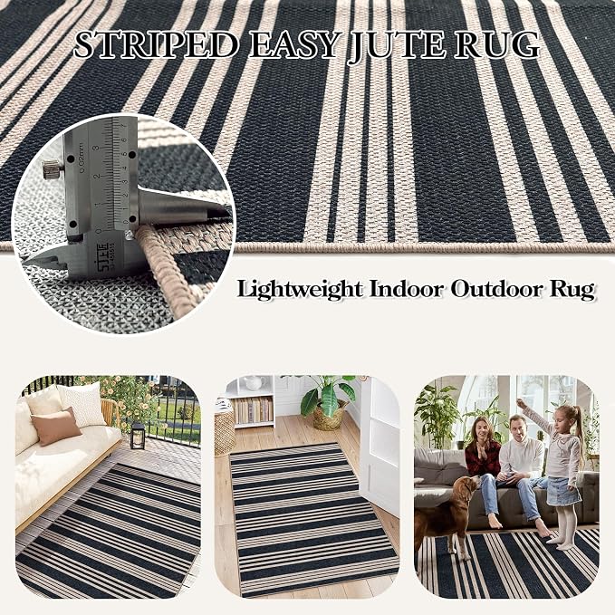 Lahome Striped Easy Jute Outdoor Patio Rug, 5x7 Area Rugs Washable Black | Living Room Indoor Mat, Modern Farmhouse Non Slip Non Shedding Stain Resistance Carpet for Dining Room Balcony Backyard Deck