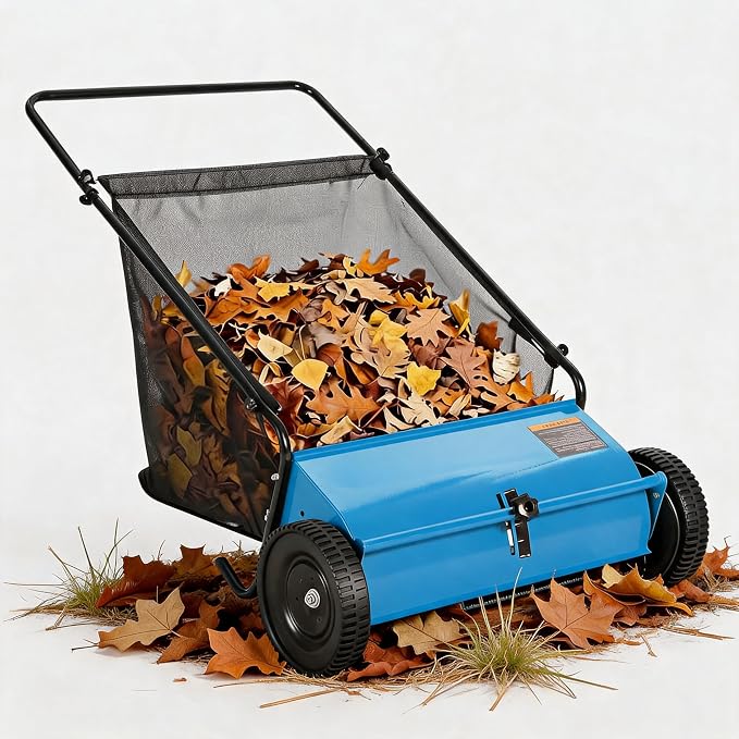 Heavy Duty 26-Inch Push Lawn Sweeper – 4 High-Speed Spinning Brushes | Durable Steel Frame, 7 Cu. Ft. Removable lawn mower, Rubber Wheels, Walk-Behind Leaf & Grass Collector for Lawn, Patio