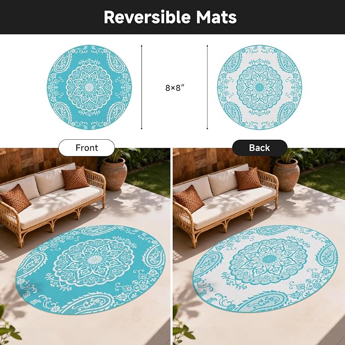 Pauwer Outdoor Rug 8ft, Waterproof Plastic Straw Camping Rug, Boho Teal | Reversible Patio Rug, UV Resistant Indoor Outdoor RV Mat Carpet For Deck, Camper, Porch, Balcony, Backyard, Picnic, Foldable