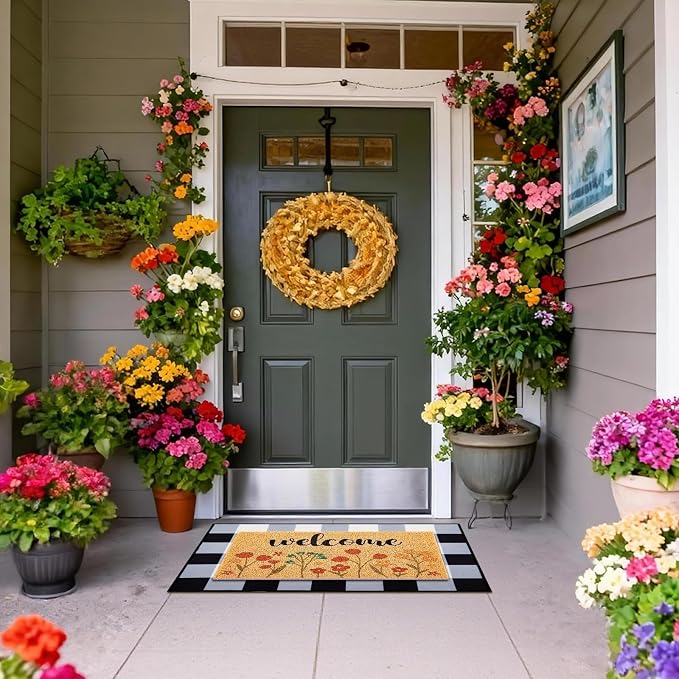 2 Pcs Spring Welcome Doormat Outdoor Entrance, Flower Non Slip Coir Mats, Black and White Check Doormat, Floral Spring Layering Door Mat for Home Indoor Porch Entry Decor 23.6 x 31.5 Inch