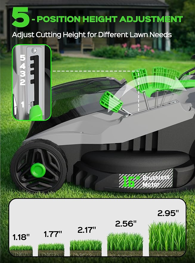 TIECTOWN 40V 16-Inch Brushless Cordless Lawn Mower with 4.0Ah Battery & Charger, 2-in-1 Electric Push Mower, 5-Position Height Adjustment, Lightweight, Compact Storage, for Small Yards - Green | Brushless Motor, 5-Position Height Adjustment, Battery Po...