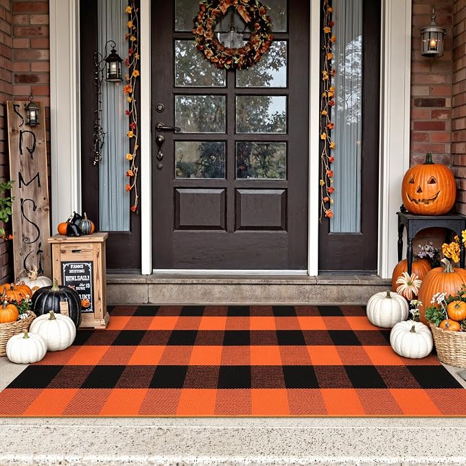 Uphome Bufflo Plaid Outdoor Rug 2'x4.3', Fall Decor Checkered Front Door Mat, Indoor Outdoor Farmhouse Porch Rug for Layered Door Mats, Washable Halloween Black/Orange Runner for Patio Entryway