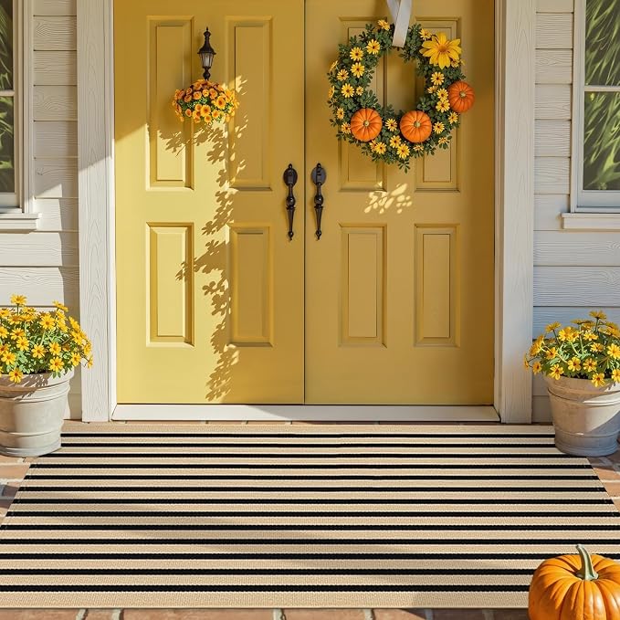 OLANLY Brown and Black Striped Rug 2' x 4'3" (24" x 51") – Washable Cotton Doormat for Indoor Outdoor Use, Layered Front Porch Rug for Entryway, Kitchen, Patio