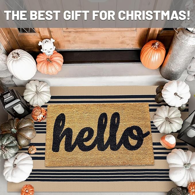 IOHOUZE Black and Tan Striped Rug 3'x5' Front Door Rugs Outdoor, Washable Area Rug for Front Porch, Spring Summer Welcome Mats Outdoor Indoor, Doormat for Entryway Porch Entrance