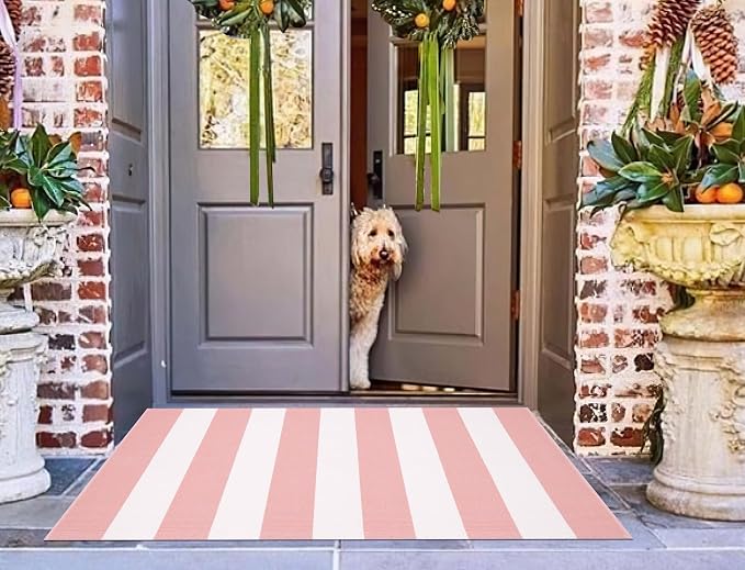 Pink White Striped Rug -2.3'x3.6' Front Door Rugs Outdoor, Small Washable Area Rug for Front Porch, Spring Summer Welcome Mats Outdoor Indoor, Doormat for Entryway Porch Entrance