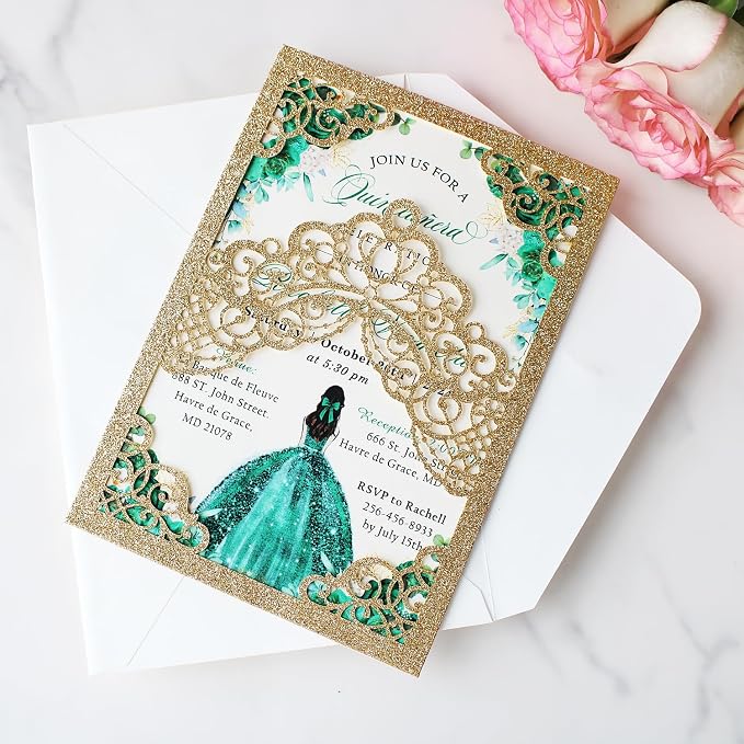 Hosmsua 50PCS Personalized Gold Glitter Quinceanera Invitations Kit, 5.1x7.3 Inch Laser Cut Floral Crown Pocket Quinceanera Invitation Cards with Envelopes for Birthday Quince Anos Invite