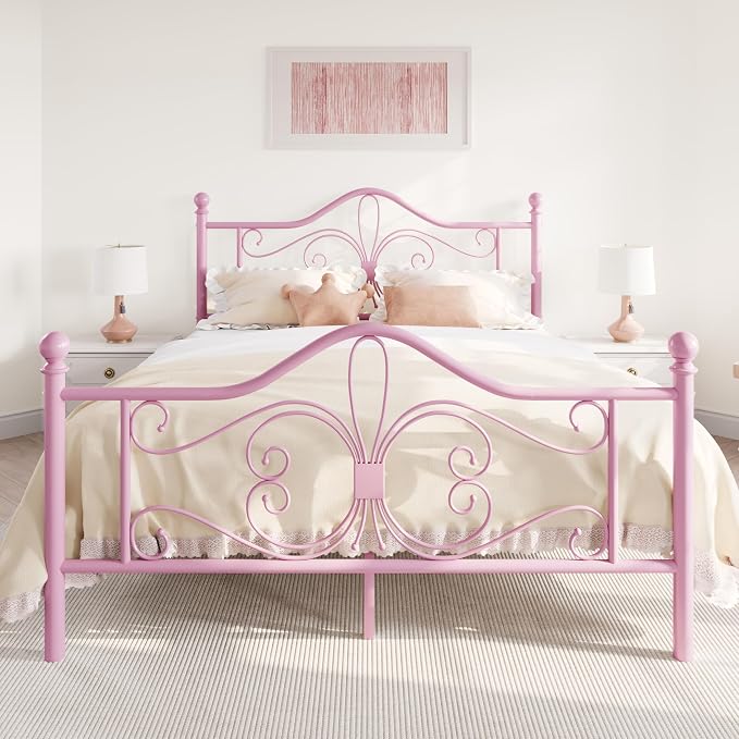 SHA CERLIN Queen Size Metal Bed Frame with Butterfly Headboard, Pink | Metal Platform Bed for Kids, Wrought Iron-Art Headboard/Footboard, Under-Bed Storage, No Box Spring Needed, Easy Assembly