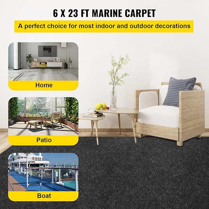 Happybuy 6 ft x 23 ft Black Marine Carpet for Boats Waterproof - 0.18" Thick Indoor Outdoor Rug Carpet Roll for Home Patio Porch Deck