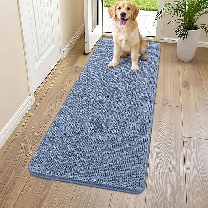 Smiry Dog Door Mat for Muddy Paws 59x24, Absorbent Dirt Trapper, Non-Slip Washable Chenille Entryway Rug for Inside Floor, Airy Blue, Classic Solid