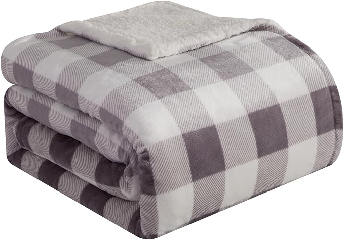 Elegant Comfort Ultra Soft Reversible Buffalo Plaid Flannel Sherpa Blanket - Cozy Silky Checkered Fleece Throw for Couch, Bed - Plush Fuzzy Warm Winter Blanket for Gift, Twin, Gray