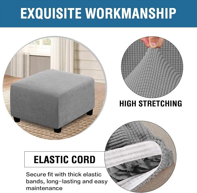 H.VERSAILTEX Square Ottoman Covers Ottoman Slipcovers Folding Storage Stool Furniture Protector Form Fit with Elastic Bottom, Stretch High Spandex Small Checks Jacquard Fabric(Medium,Dove)