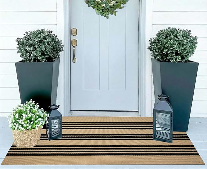 Striped Outdoor Rug 24"x51",Tan and Black Layered Doormat Cotton Woven Washable Indoor Outdoor Porch Rug Farmhouse Small Area Rug for Porch/Entryway/Home Entrance Decor