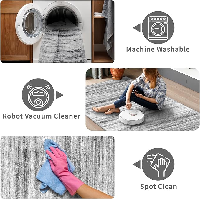 6x12 Runner Rug for Wide Hallway: Long Washable Area Rugs for Living Room Dining Room Office - Stain and Water Resistant Runners with Non-Slip Backing - Soft Low-Pile Thin Carpet Grey