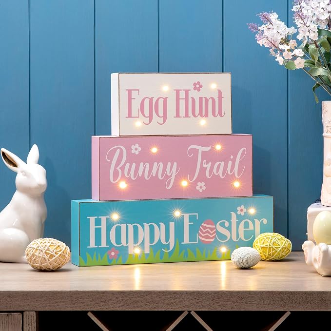 Glitzhome LED Lighted Wooden Easter Table Sign Spring Home Decor for Holiday Easter Party Supplies Props