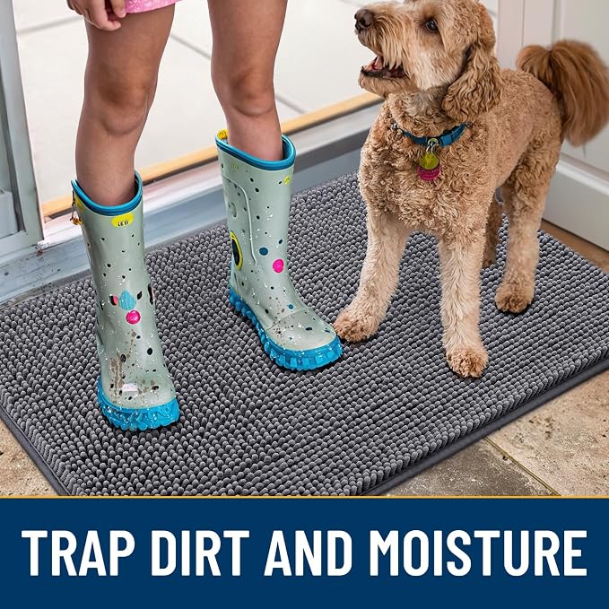 Smiry Dog Door Mat for Muddy Paws 54x32, Absorbent Dirt Trapper, Non-Slip Washable Chenille Entryway Rug for Inside Floor, Dark Grey, Classic Solid