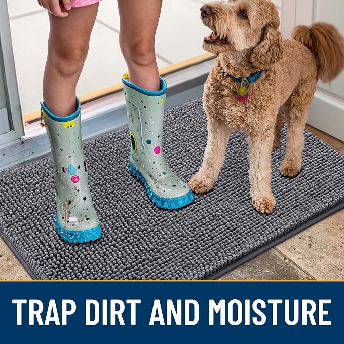 Smiry Dog Door Mat for Muddy Paws 47x20, Absorbent Dirt Trapper, Non-Slip Washable Chenille Entryway Rug for Inside Floor, Dark Grey, Classic Solid