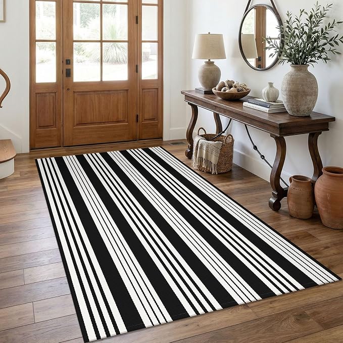 KOZYFLY 4x6 Black White Striped Rug Front Door Rug Cotton Woven Washable Indoor Outdoor Rugs Entrance Layered Doormat for Front Porch Kitchen Patio Farmhouse Carpet
