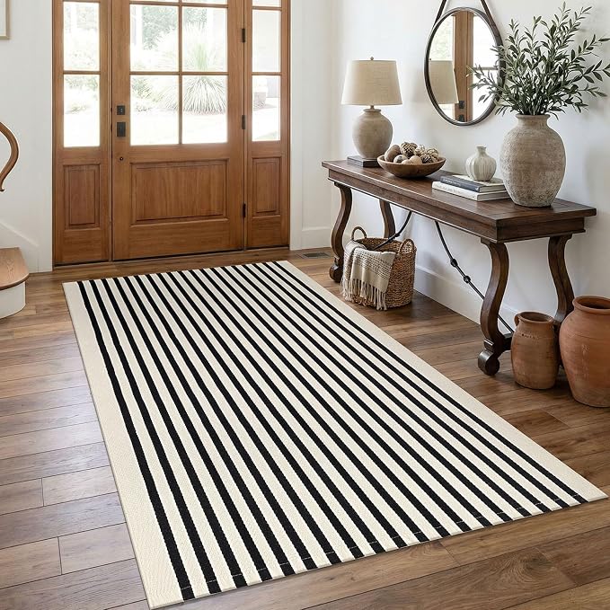 KOZYFLY 4x6 Beige and Black Striped Rug Front Door Rug Cotton Woven Washable Indoor Outdoor Rugs Entrance Layered Doormat for Front Porch Kitchen Patio Farmhouse Carpet
