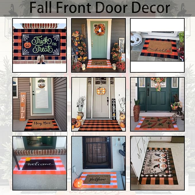 Orange and Black Plaid Rug, 3' x 5' Fall Outdoor Front Door Decor Mat, Cotton Washable Hand-Woven Rug for Layered Doormat, Autumn Halloween Thanksgiving Carpet for Porch, Entryway