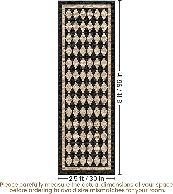 Washable Checkered Easy Jute Runner Rug 2x8, Black Checkerboard Geometric Modern Outdoor Indoor Patio Rug, 8ft Woven Non Slip Thin Neutral Long Runner Carpet for Hallway Kitchen Entryway Porch