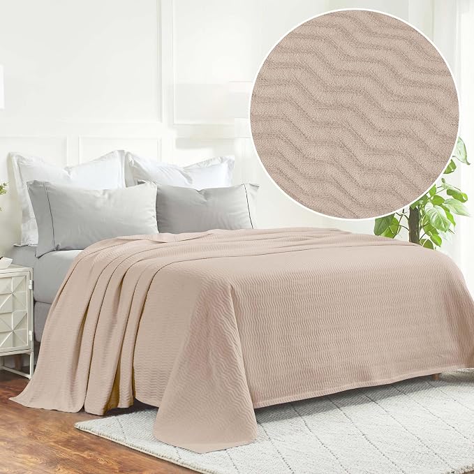 Superior JENA Cotton Blanket Picnic, Beach, Traveling or Camping, Bedroom Decor, Essentials, Cover for Bed, Couch, Lounging, Textured Jacquard, Modern Chevron Woven Blanket, California King, Khaki