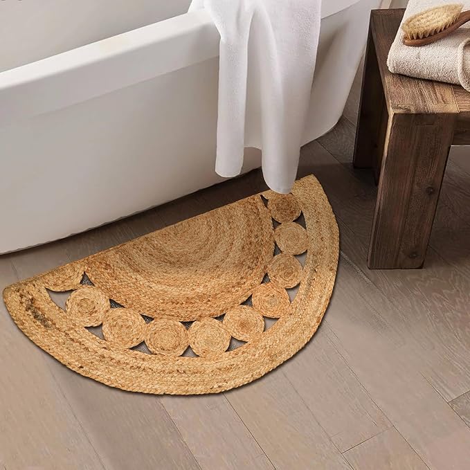 Boho Braided 1.5x3 Area Rug - Jute Natural Fiber Half Circle Rug for Living Room Entryway, Farmhouse, Home, Indoor Rugs Jute Door mat for Bathroom (Natural Dot, 1.5 X 3 ft)