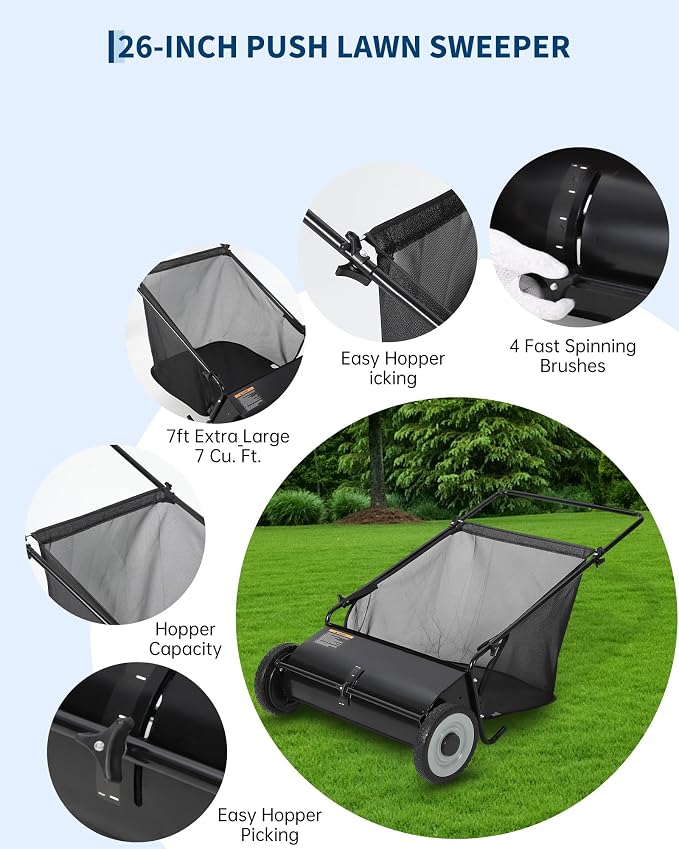 21-Inch Push Lawn Sweeper,7 Cu. Ft. Large Capacity Collection Bag | 4 Spinning Brushes, Adjustable Height, Durable Steel Frame with Rubber Wheels for Grass, Leaves,Debris On All Terrains