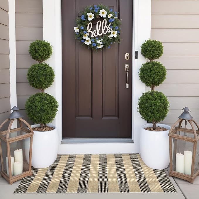 OJIA Front Door Rug 24"x51" Outdoor Doormat Washable Door Mats Porch Rug | Front Door Mat Outside Entrance Tan Woven Striped Outdoor Mat Entryway Rugs Indoor Small Area Rug for Kitchen Entry Bathroom