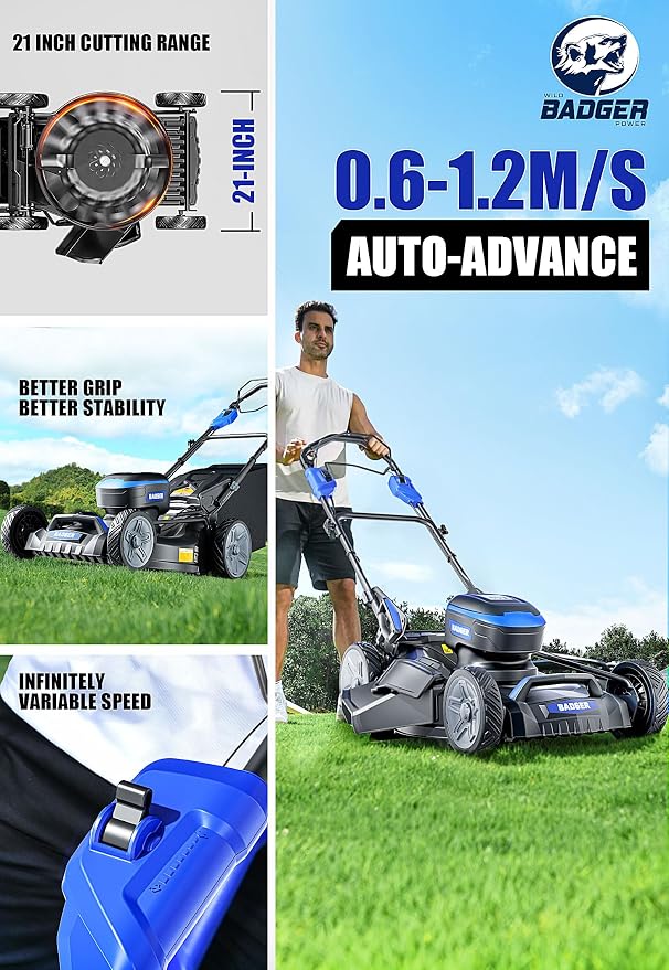 Wild Badger Power 40V 21-in Cordless Self-Propelled Lawn Mower, 2 Batteries | 21-in brushless self-propelled mower for larger lawns; 7 cut heights, 4-in-1 clippings and two 40V 4.0Ah batteries.