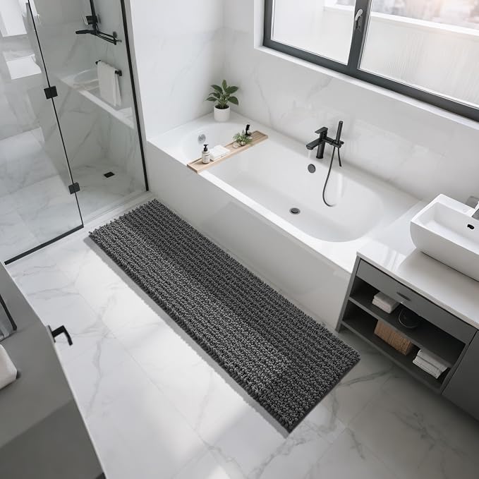 Yimobra Bathroom Runner Rug 70x24 Inch - Extra Long Non Slip Chenille Bath Mat, Soft & Absorbent, Machine Washable Shaggy Hallway Carpet for Vanity Tub Shower, Dark Gray Home Decor Accessories