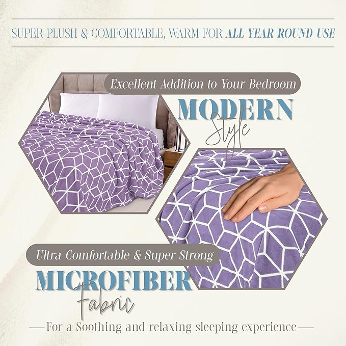 Elegant Comfort Luxury Velvety Feel Blanket, All-Season Lightweight Blanket, Ultra Plush, Soft, Cozy-Fuzzy Flannel Fleece for Couch, Sofa, Bed, Travel, Cube Design, King/California King, Lilac