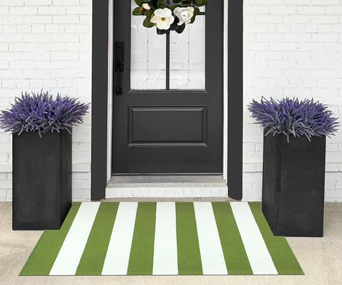 Green and White Layered Doormat 2.3'x3.6,Machine Washable Porch Rug Cotton Woven Striped Farmhouse Small Area Rug for Porch/Home Entrace Decor/Bedroom/Layered Door Mats