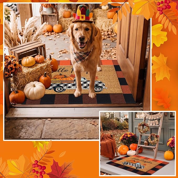 Moucuny 2 Pcs Fall Door Mat, Layered Hello Pumpkin Welcome Coir Doormat with Orange and Black Buffalo Plaid Rug, Non-Slip Backing, Fall Farmhouse Autumn Porch Decor for Entryway Patio Decor