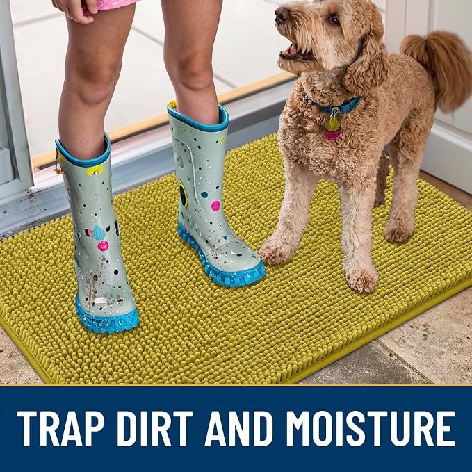 Smiry Dog Door Mat for Muddy Paws 36x24, Absorbent Dirt Trapper, Non-Slip Washable Chenille Entryway Rug for Inside Floor, Mustard Yellow, Classic Solid