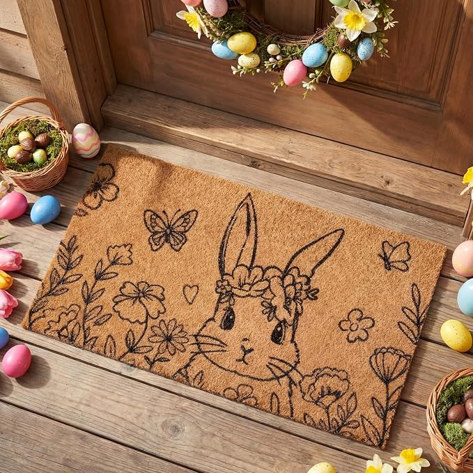 Ceenna Easter Bunny Coir Doormat Outdoor Easter Welcome Door Mat Spring Floral Bunny Floor Door Mat Rabbit Rugs for Front Porch Decor Gifts