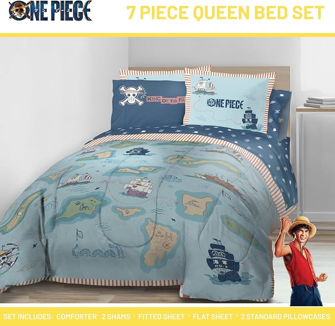 One Piece Luffy Queen Comforter Set 7 Piece Soft Anime Bedding, Multi | Bed in a Bag, Comforter Sheets Shams Pillowcases, Official Product, Soft Microfiber, Machine Washable, Gift for Fans